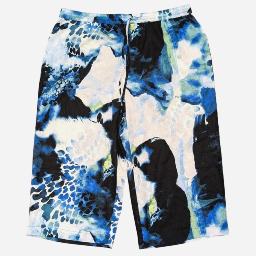 DKNY Linen Pants Plus 1X Blue Black Print Cropped Wide Leg Pants NEW NWT